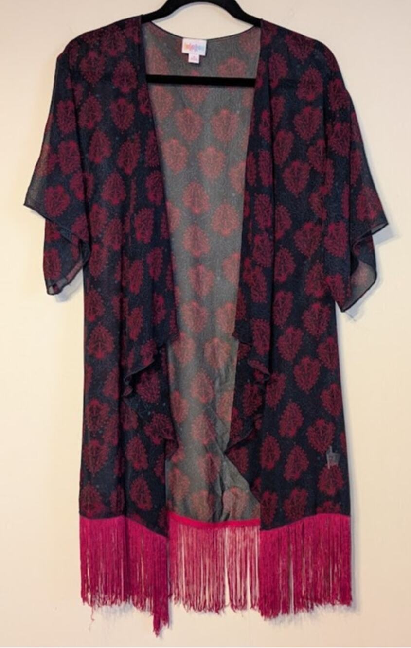LuLaRoe Women's Size Small Monroe Kimono ~ Allover Print ~ Sheer ~ Fringe Hem